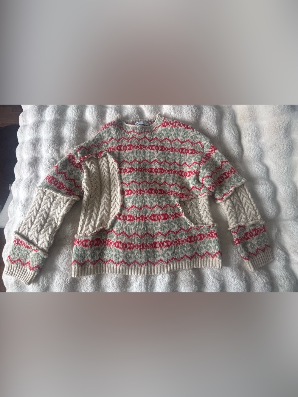 Zara- Chunky Knit Fair Isle Sweater in Cream with Red & Green Accents
